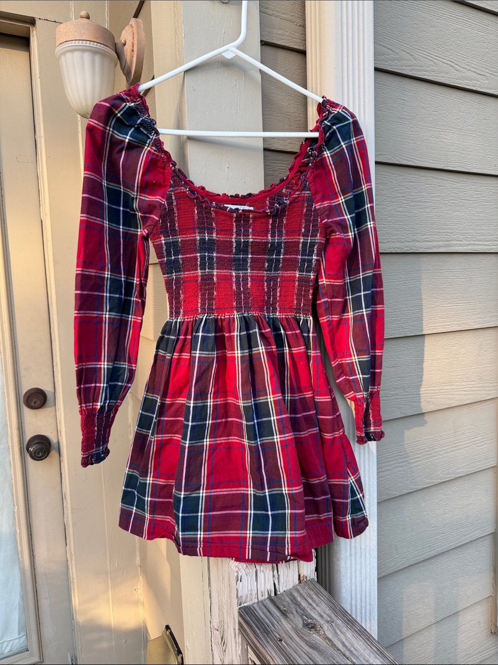 Hill House Red and Navy Plaid Smocked Long-Sleeve Dress